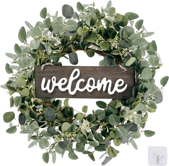 SP; 20-inch Green Eucalyptus Wreath with "Welcome" Sign – Front Door Decor; Category:Floral Hangers; Image:1